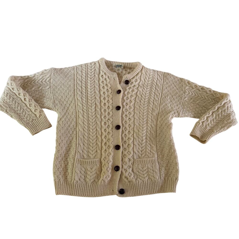 Carraig Donn Irish Wool Cable Knit Cardigan Sweater Wmns L Fisherman Heavy Knit